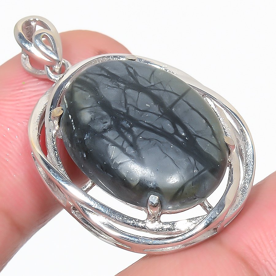 Picasso Jasper 925 Sterling Silver Pendant, Handmade Pendant, Oval Pendant, Black Pendant, Unique Silver Pendant, Fine Pendant, Silver Jewelry Pendant
