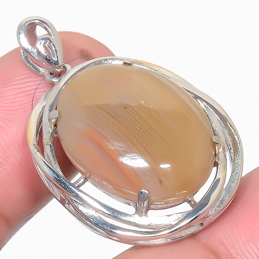 Botswana Lace Agate 925 Sterling Silver Pendant, Handmade Pendant, Oval Pendant, Yellow Pendant, Unique Silver Pendant, Fine Pendant, Silver Jewelry Pendant