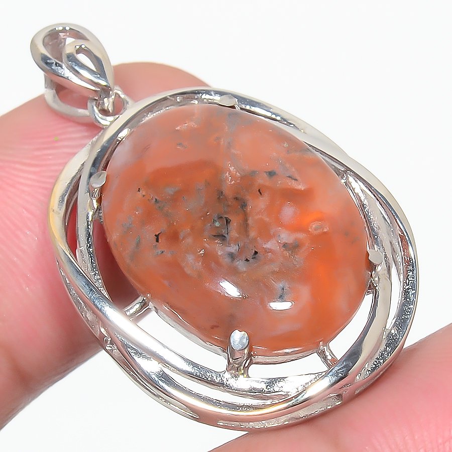 Plume Agate 925 Sterling Silver Pendant, Handmade Pendant, Oval Pendant, Orange Pendant, Unique Silver Pendant, Fine Pendant, Silver Jewelry Pendant