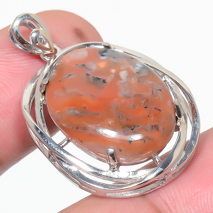 Plume Agate 925 Sterling Silver Pendant, Handmade Pendant, Oval Pendant, Orange Pendant, Unique Silver Pendant, Fine Pendant, Silver Jewelry Pendant