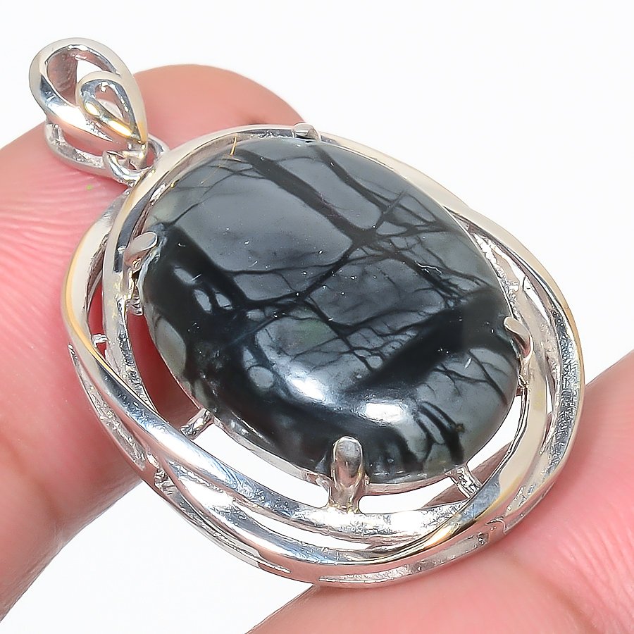 Picasso Jasper 925 Sterling Silver Pendant, Handmade Pendant, Oval Pendant, Black Pendant, Unique Silver Pendant, Fine Pendant, Silver Jewelry Pendant