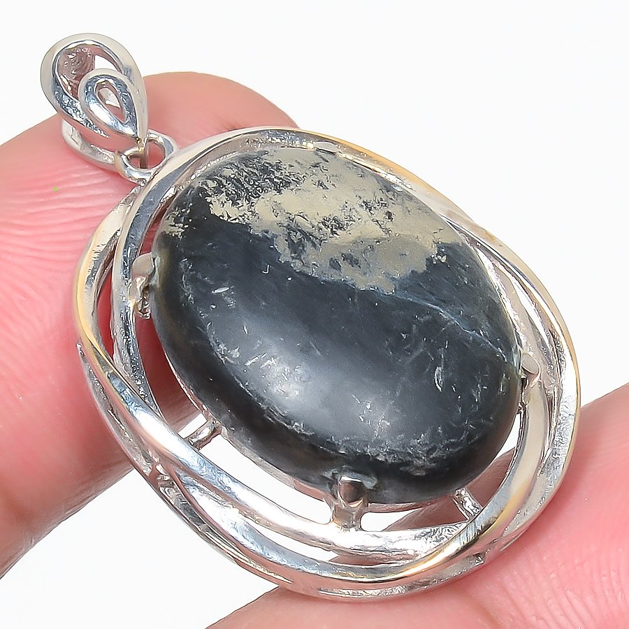Magnesite Pyrite 925 Sterling Silver Pendant, Handmade Pendant, Oval Pendant, Gold & Black Pendant, Unique Silver Pendant, Fine Pendant, Silver Jewelry Pendant