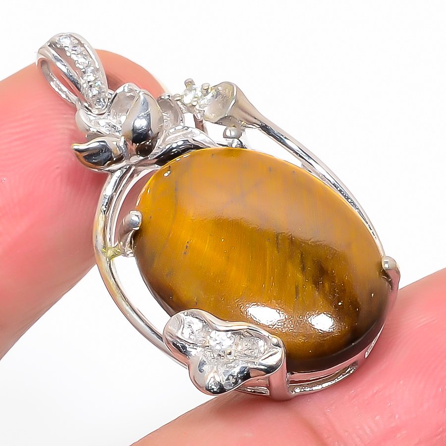 Iron Tiger Eye 925 Sterling Silver Pendant, Handmade Pendant, Oval Pendant, Yellow Pendant, Unique Silver Pendant, Fine Pendant, Silver Jewelry Pendant