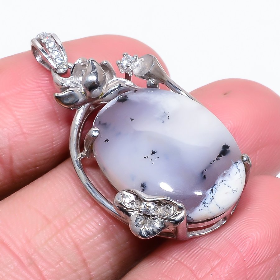Dendritic Opal & White Topaz 925 Sterling Silver Pendant, Handmade Pendant, Oval Pendant, White Pendant, Unique Silver Pendant, Fine Pendant, Silver Jewelry Pendant