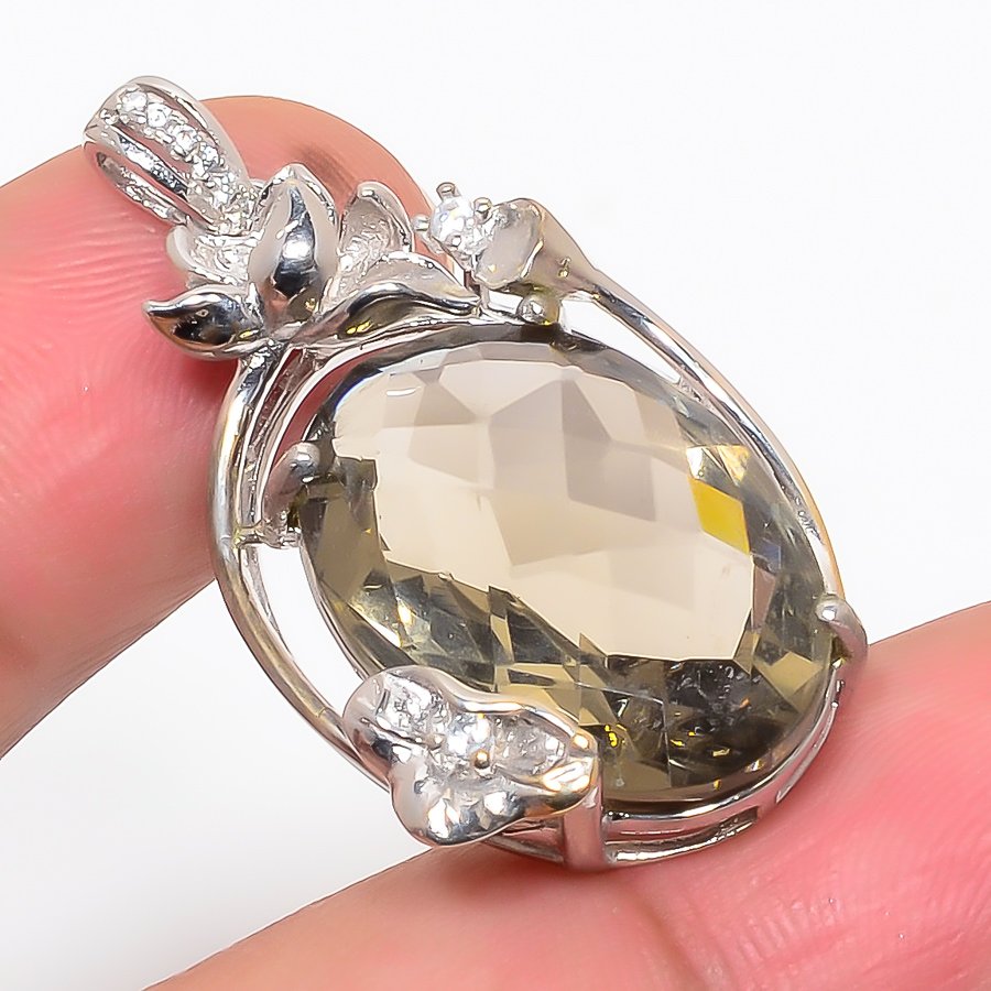 Smoky Quartz & Cz 925 Sterling Silver Pendant, Handmade Pendant, Oval Pendant, Brown Pendant, Unique Silver Pendant, Fine Pendant, Silver Jewelry Pendant