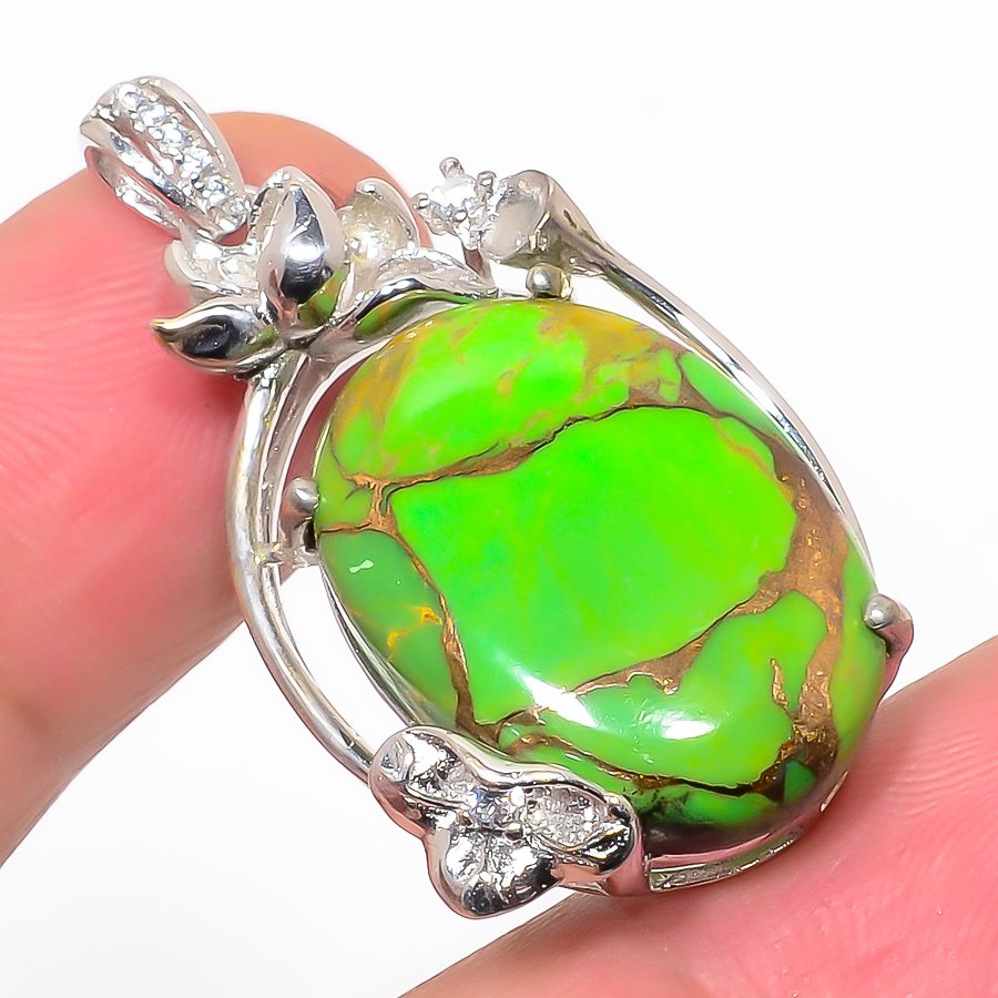 Copper Mohave Green Turquoise & Cz 925 Sterling Silver Pendant, Handmade Pendant, Oval Pendant, Green Pendant, Unique Silver Pendant, Fine Pendant, Silver Jewelry Pendant