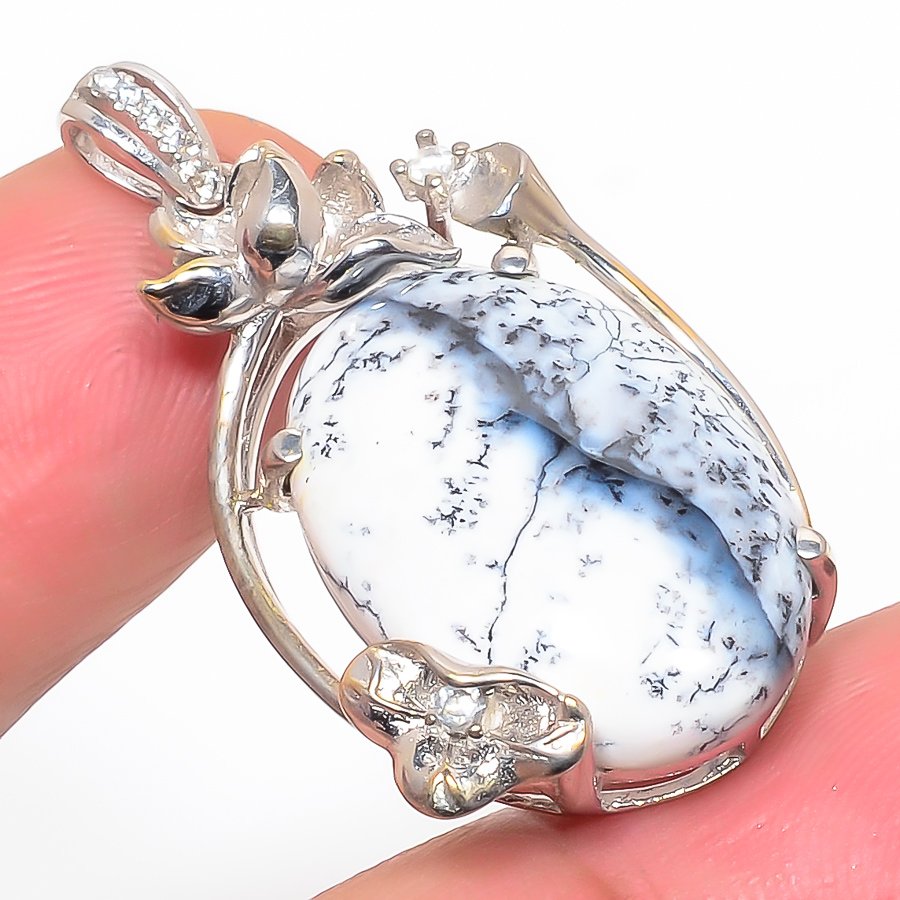 Dendritic Opal & Cz 925 Sterling Silver Pendant, Handmade Pendant, Oval Pendant, White Pendant, Unique Silver Pendant, Fine Pendant, Silver Jewelry Pendant