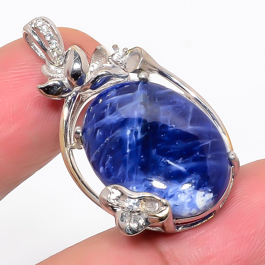 Sodalite & Cz 925 Sterling Silver Pendant, Handmade Pendant, Oval Pendant, Blue Pendant, Unique Silver Pendant, Fine Pendant, Silver Jewelry Pendant