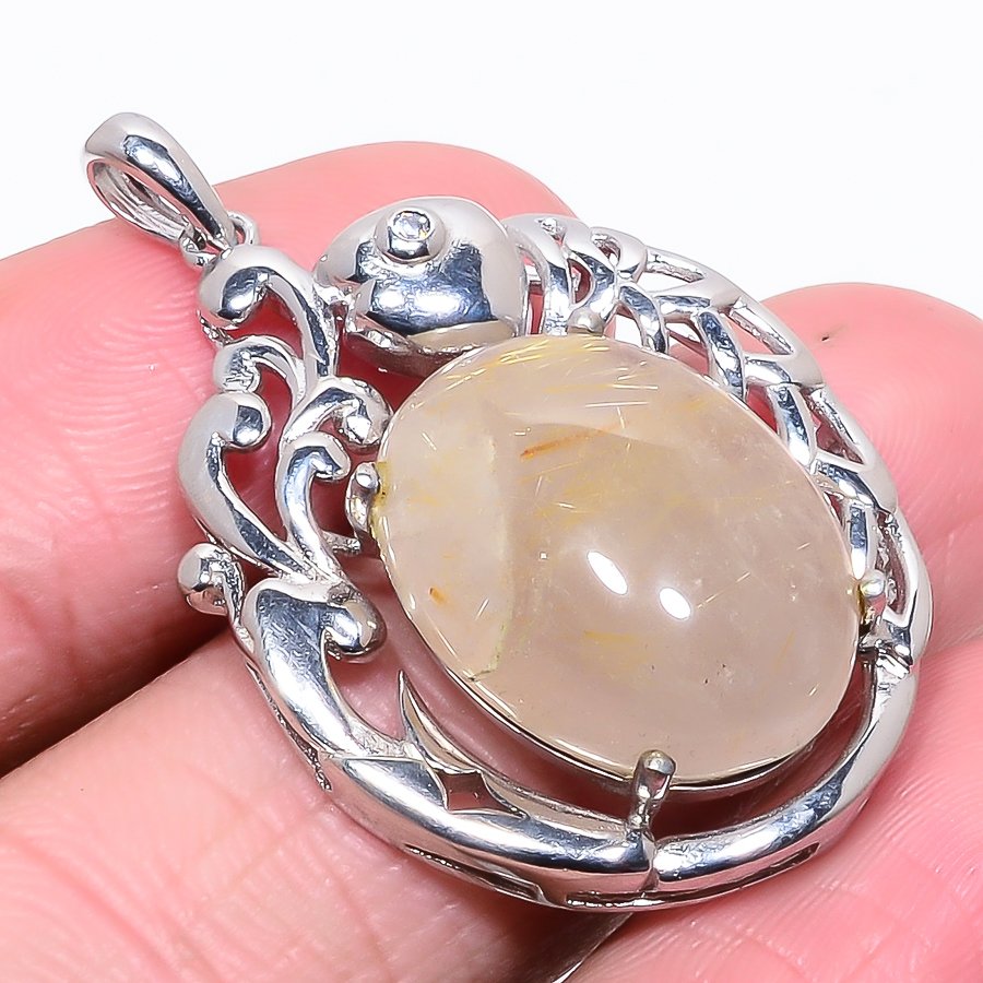 Golden Rutilated Quartz & White Topaz 925 Sterling Silver Pendant, Handmade Pendant, Oval Pendant, Golden Pendant, Unique Silver Pendant, Fine Pendant, Silver Jewelry Pendant