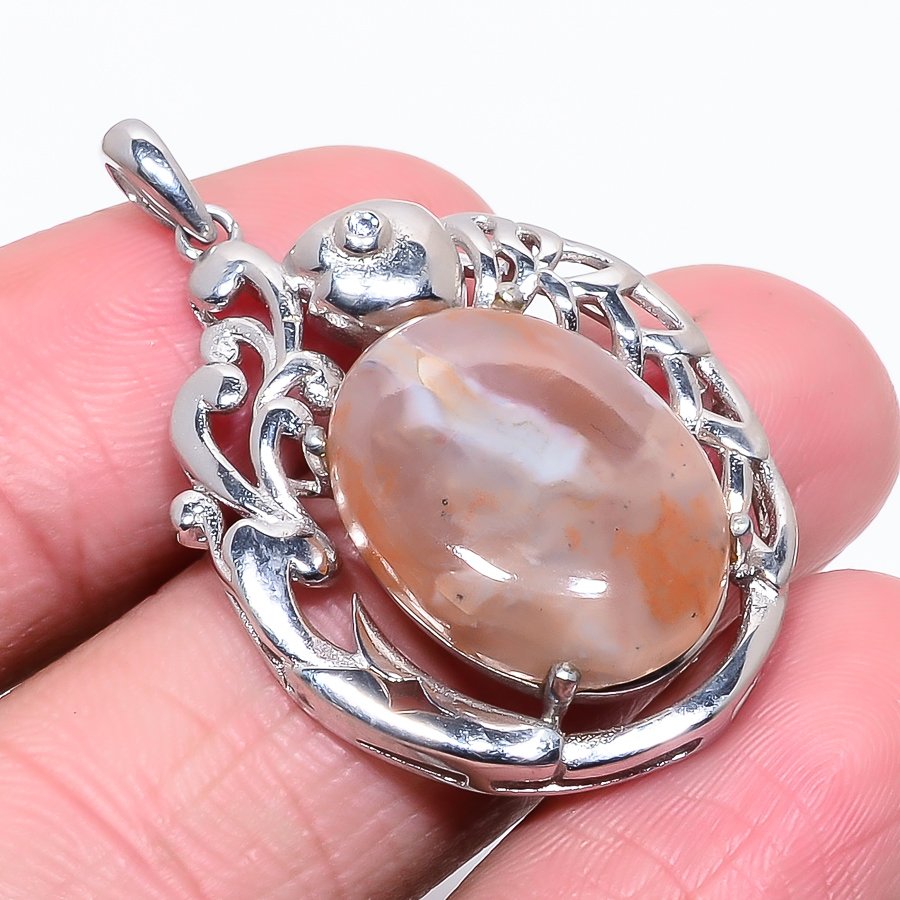 Montana Agate & White Topaz Silver Fish Pendant, Handmade Pendant, Oval Pendant, Orange Pendant, Unique Silver Pendant, Fine Pendant, Silver Jewelry Pendant