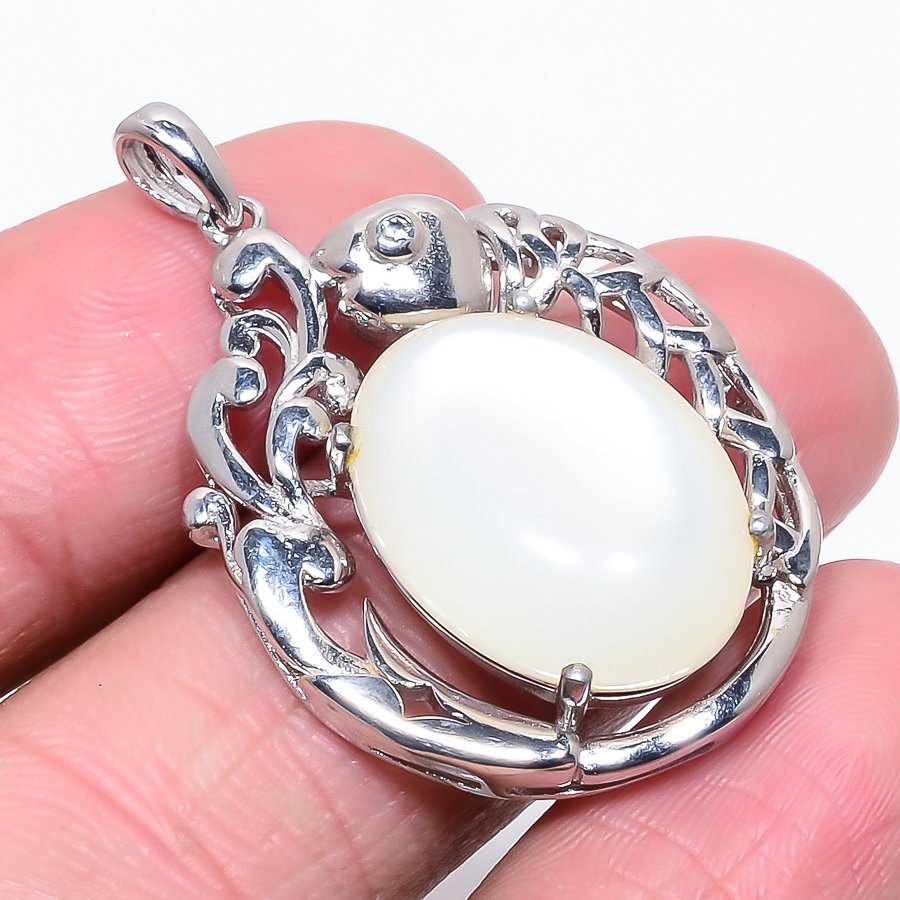 Mabe Pearl & Topaz Silver Fish Pendant, Handmade Pendant, Oval Pendant, White Pendant, Unique Silver Pendant, Fine Pendant, Silver Jewelry Pendant