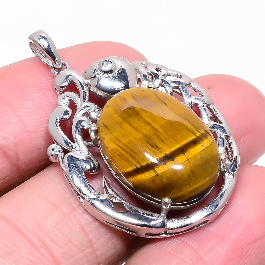 Yellow Tiger Eye & White Topaz Silver Fish Pendant, Handmade Pendant, Oval Pendant, Yellow Pendant, Unique Silver Pendant, Fine Pendant, Silver Jewelry Pendant