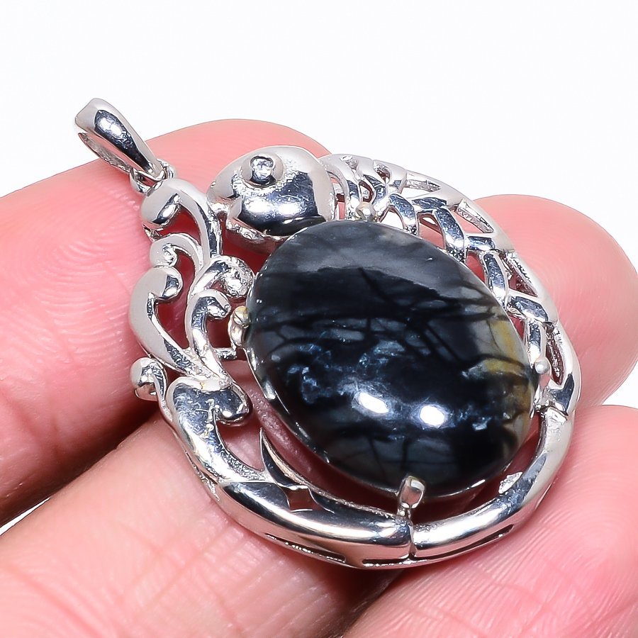 Picasso Jasper & White Topaz Silver Fish Pendant, Handmade Pendant, Oval Pendant, Black Pendant, Unique Silver Pendant, Fine Pendant, Silver Jewelry Pendant