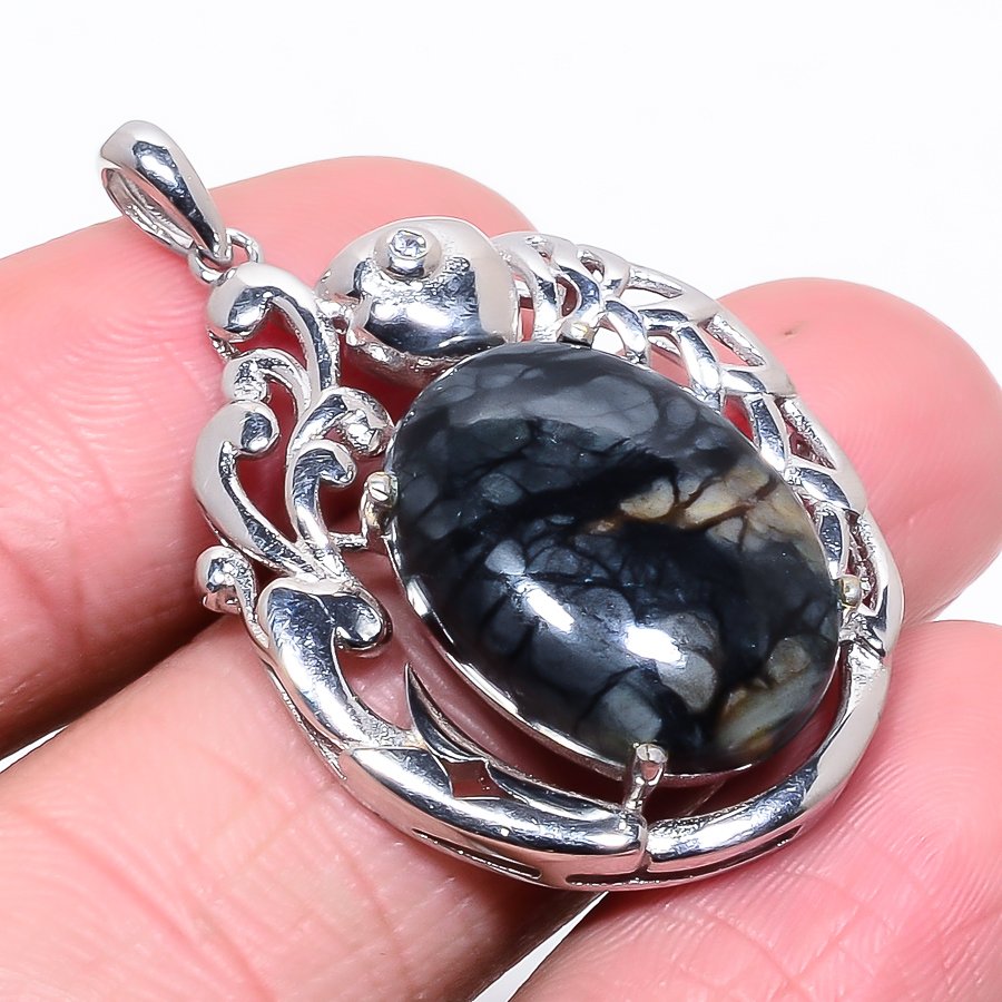 Picasso Jasper & White Topaz Silver Fish Pendant, Handmade Pendant, Oval Pendant, Black Pendant, Unique Silver Pendant, Fine Pendant, Silver Jewelry Pendant