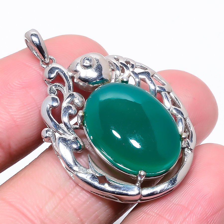 Green Onyx & White Topaz Silver Fish Pendant, Handmade Pendant, Oval Pendant, Green Pendant, Unique Silver Pendant, Fine Pendant, Silver Jewelry Pendant