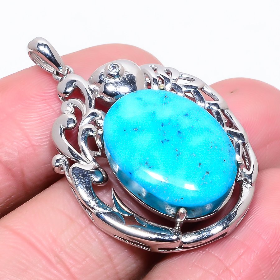 Magnesite Turquoise & White Topaz Silver Fish Pendant, Handmade Pendant, Oval Pendant, Blue Pendant, Unique Silver Pendant, Fine Pendant, Silver Jewelry Pendant