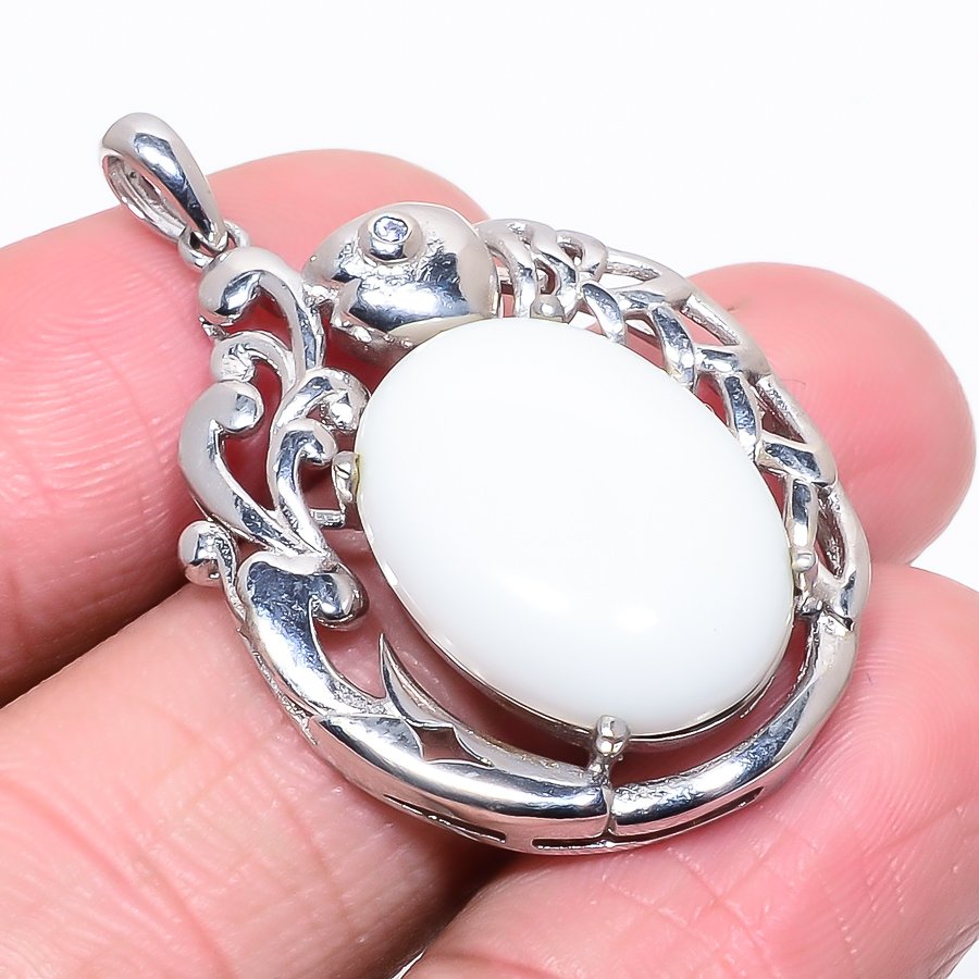 White Coral & Topaz Silver Fish Pendant, Handmade Pendant, Oval Pendant, White Pendant, Unique Silver Pendant, Fine Pendant, Silver Jewelry Pendant
