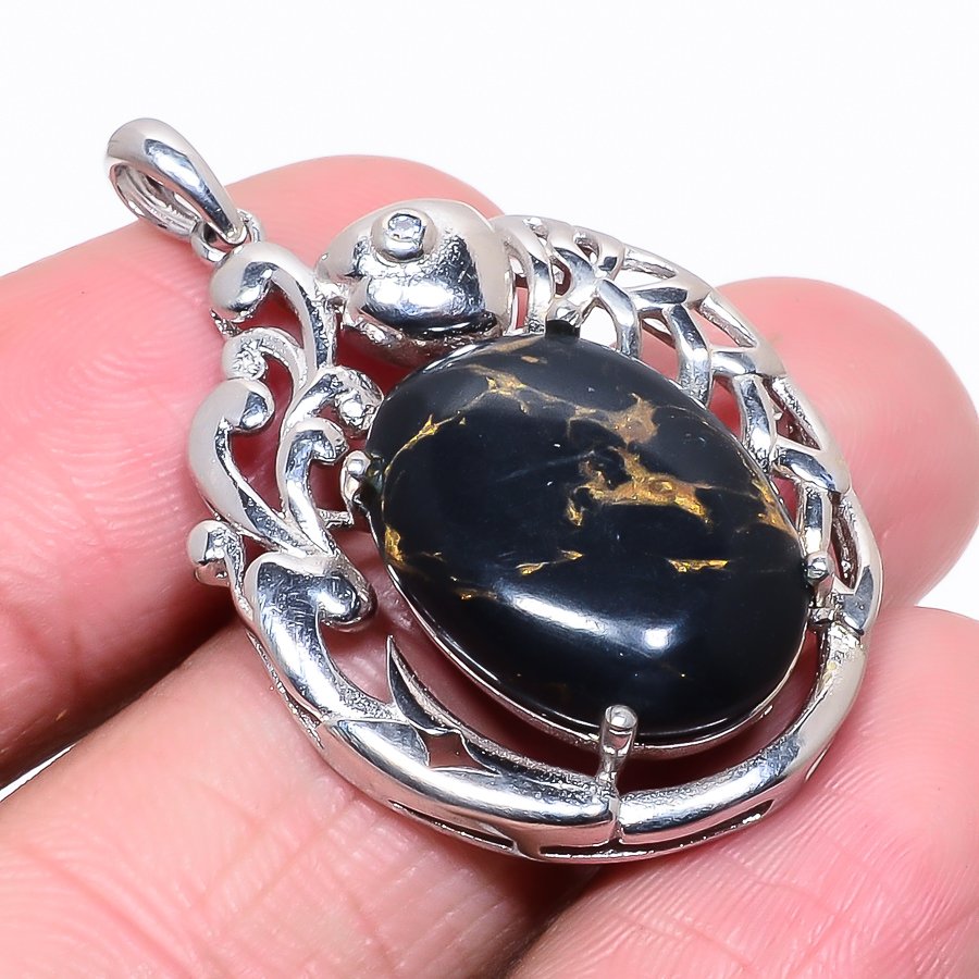 Copper Black Turquoise & Topaz Silver Fish Pendant, Handmade Pendant, Oval Pendant, Black Pendant, Unique Silver Pendant, Fine Pendant, Silver Jewelry Pendant