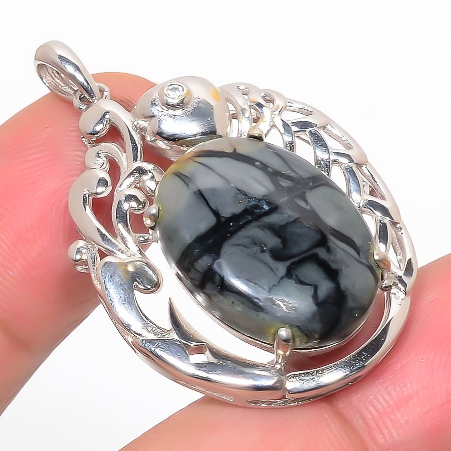 Picasso Jasper & Cz 925 Sterling Silver Pendant, Handmade Pendant, Oval Pendant, Black Pendant, Unique Silver Pendant, Fine Pendant, Silver Jewelry Pendant