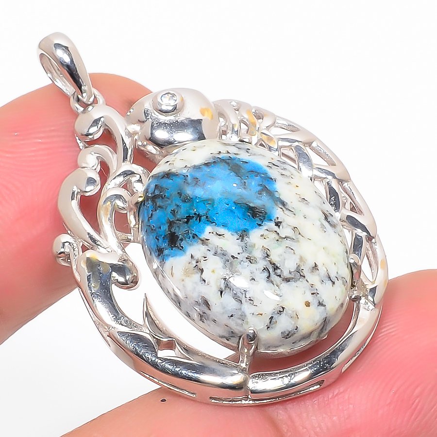 K2 Blue Azurite & Cz 925 Sterling Silver Pendant, Handmade Pendant, Oval Pendant, Blue Pendant, Unique Silver Pendant, Fine Pendant, Silver Jewelry Pendant