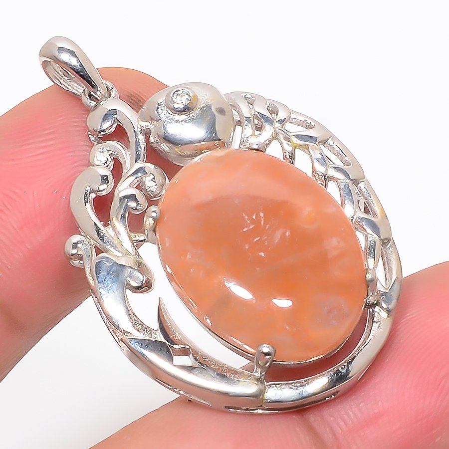 Botswana Lace Agate & Cz 925 Sterling Silver Pendant, Handmade Pendant, Oval Pendant, Yellow Pendant, Unique Silver Pendant, Fine Pendant, Silver Jewelry Pendant
