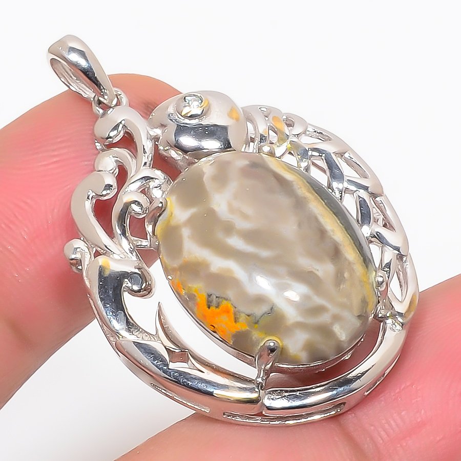 Bumbel Bee Jasper & Cz 925 Sterling Silver Pendant, Handmade Pendant, Oval Pendant, Yellow Pendant, Unique Silver Pendant, Fine Pendant, Silver Jewelry Pendant