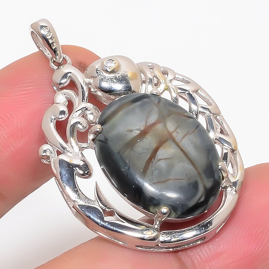 Picasso Jasper & Cz 925 Sterling Silver Pendant, Handmade Pendant, Oval Pendant, Black Pendant, Unique Silver Pendant, Fine Pendant, Silver Jewelry Pendant