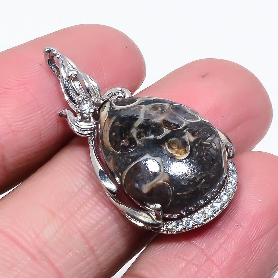 Turritella Fossil Agate & White Topaz 925 Sterling Silver Pendant, Handmade Pendant, Pear Pendant, Brown Pendant, Unique Silver Pendant, Fine Pendant, Silver Jewelry Pendant