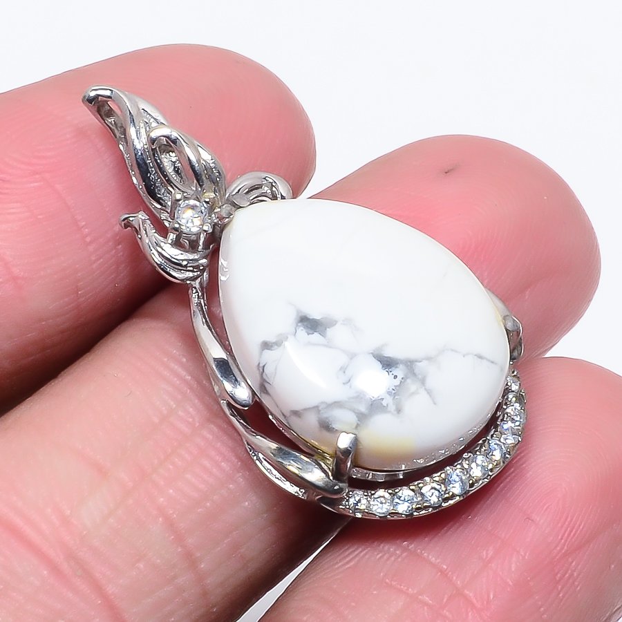 Howlite & White Topaz 925 Sterling Silver Pendant, Handmade Pendant, Pear Pendant, White Pendant, Unique Silver Pendant, Fine Pendant, Silver Jewelry Pendant