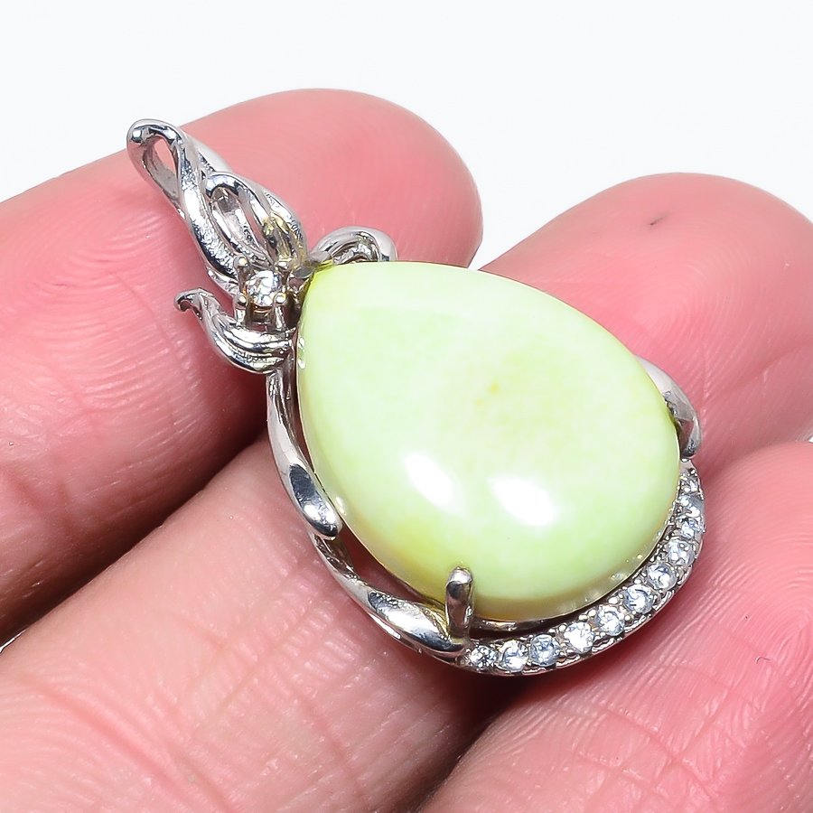 Lemon Chrysoprase & White Topaz 925 Sterling Silver Pendant, Handmade Pendant, Pear Pendant, Yellow Pendant, Unique Silver Pendant, Fine Pendant, Silver Jewelry Pendant