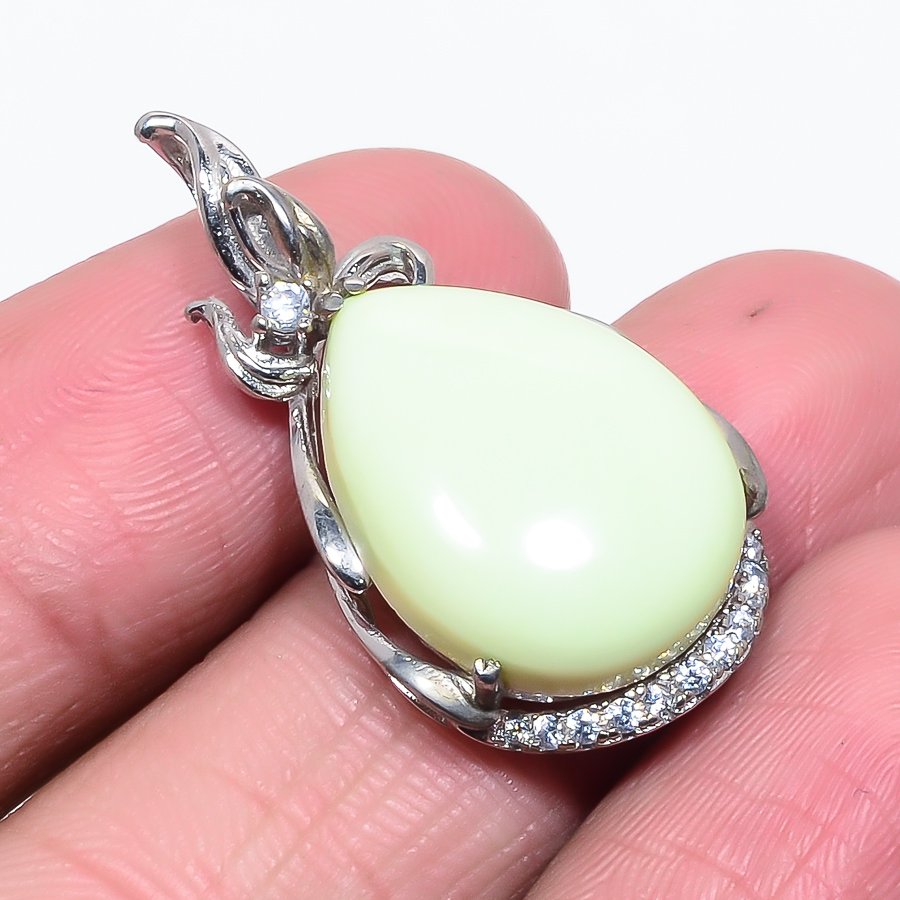 Lemon Chrysoprase & White Topaz 925 Sterling Silver Pendant, Handmade Pendant, Pear Pendant, Yellow Pendant, Unique Silver Pendant, Fine Pendant, Silver Jewelry Pendant