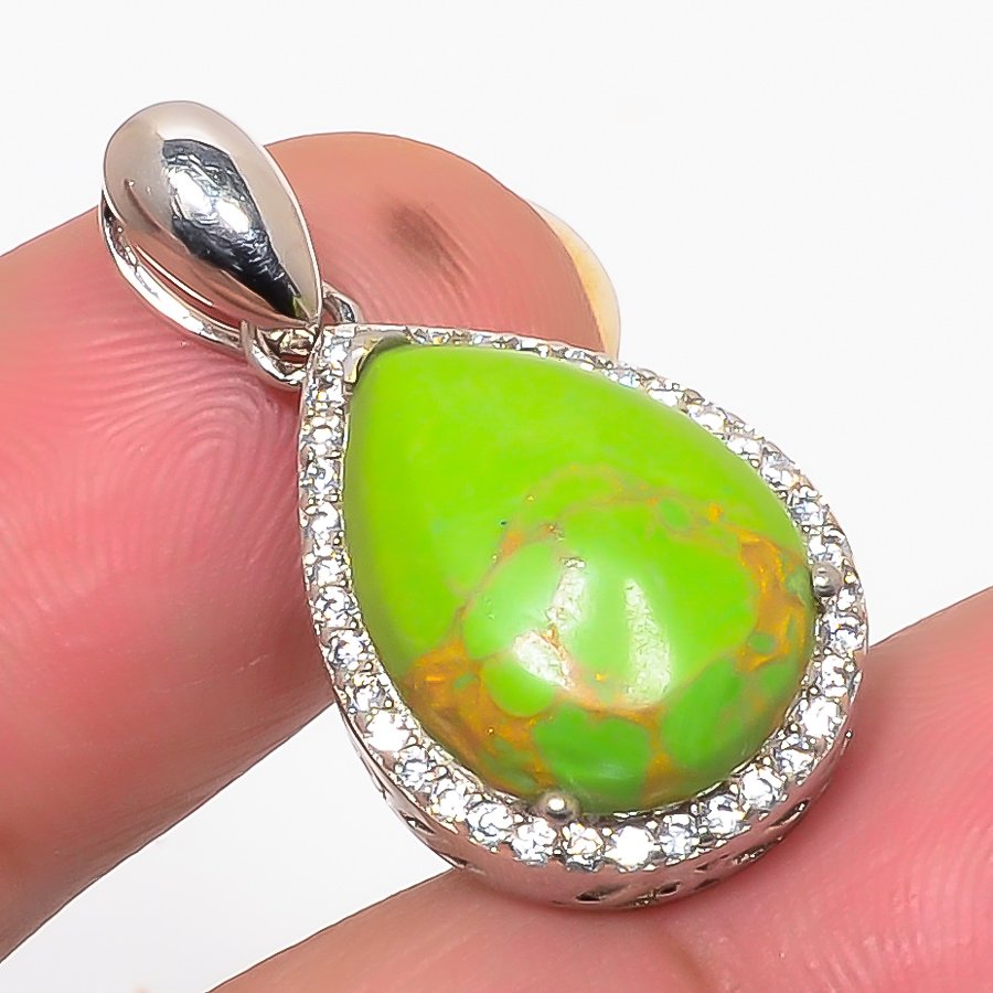 Copper Green Turquoise & Cz 925 Sterling Silver Pendant, Handmade Pendant, Pear Pendant, Green Pendant, Unique Silver Pendant, Fine Pendant, Silver Jewelry Pendant