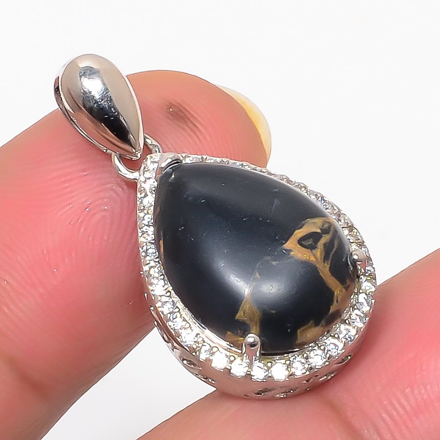 Copper Black Turquoise & Cz 925 Sterling Silver Pendant, Handmade Pendant, Pear Pendant, Black Pendant, Unique Silver Pendant, Fine Pendant, Silver Jewelry Pendant