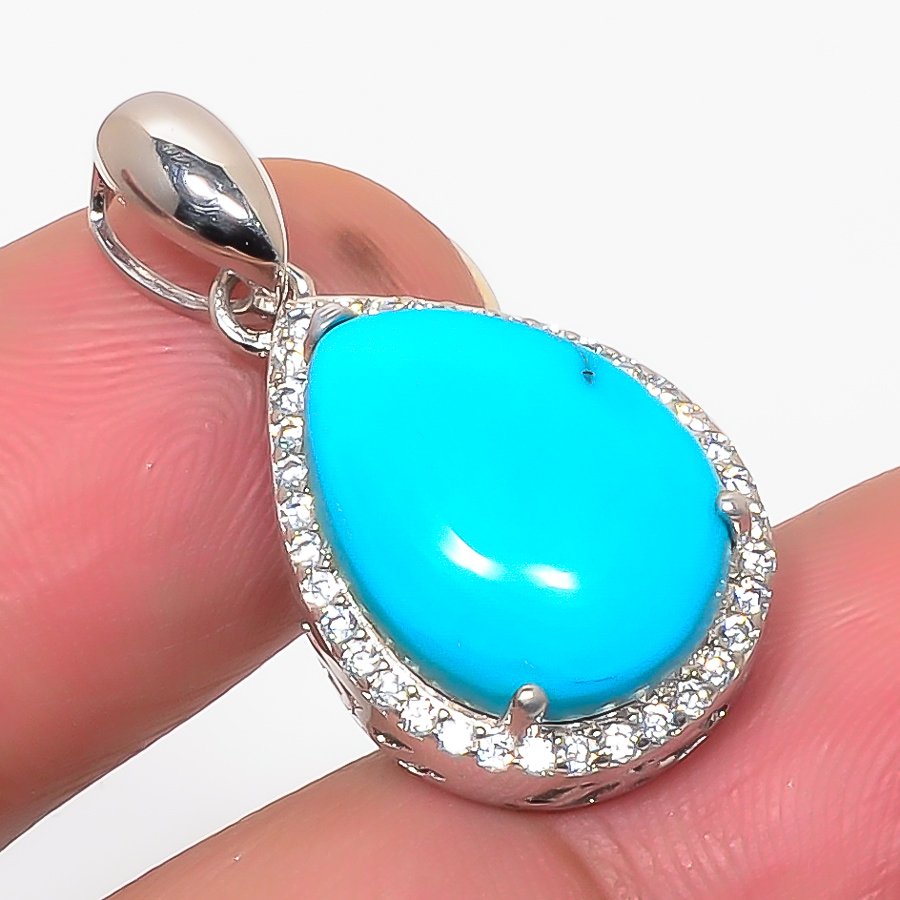 Magnetite Turquoise & Cz 925 Sterling Silver Pendant, Handmade Pendant, Pear Pendant, Blue Pendant, Unique Silver Pendant, Fine Pendant, Silver Jewelry Pendant