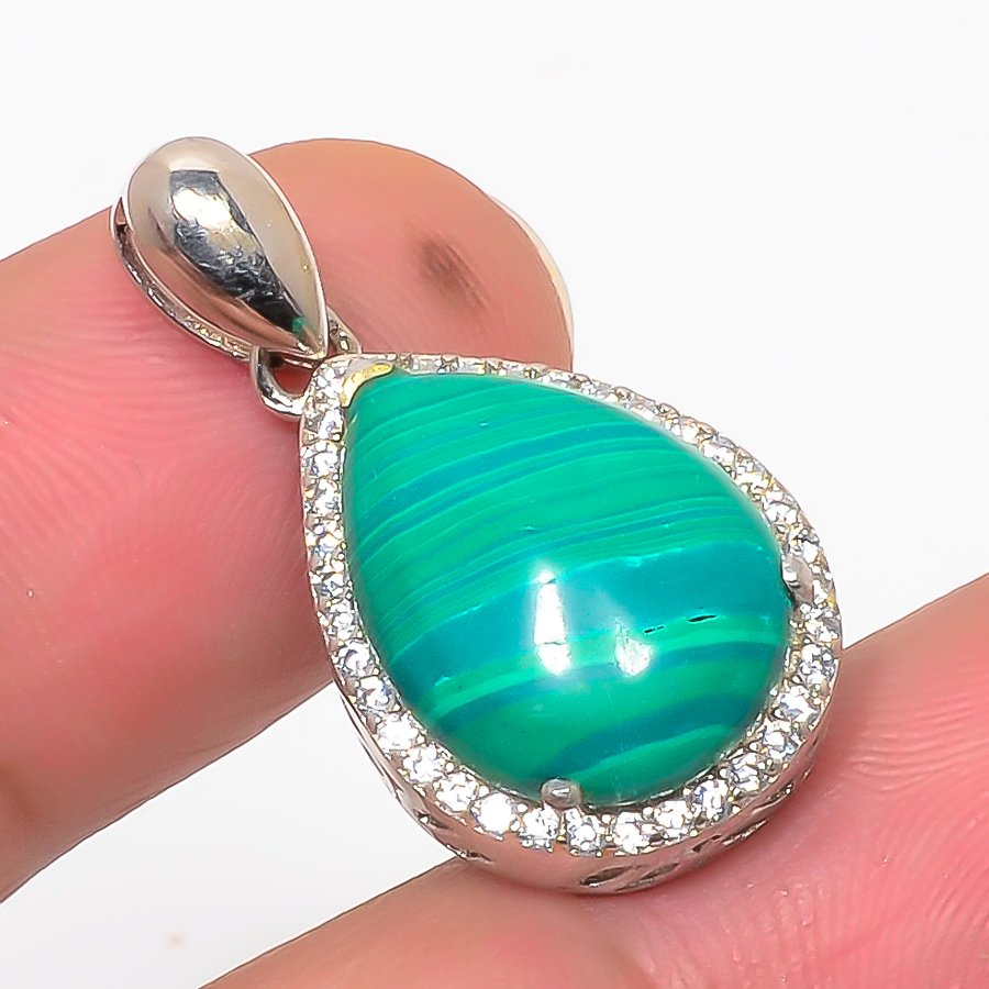 Malachite & Cz 925 Sterling Silver Pendant, Handmade Pendant, Pear Pendant, Green Pendant, Unique Silver Pendant, Fine Pendant, Silver Jewelry Pendant