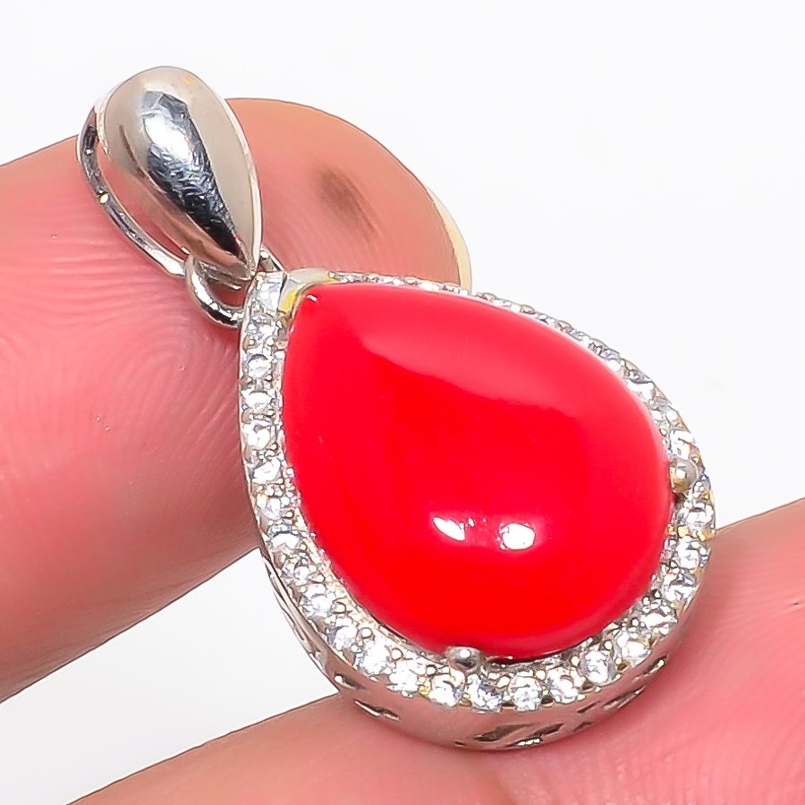 Red Coral & Cz 925 Sterling Silver Pendant, Handmade Pendant, Pear Pendant, Red Pendant, Unique Silver Pendant, Fine Pendant, Silver Jewelry Pendant