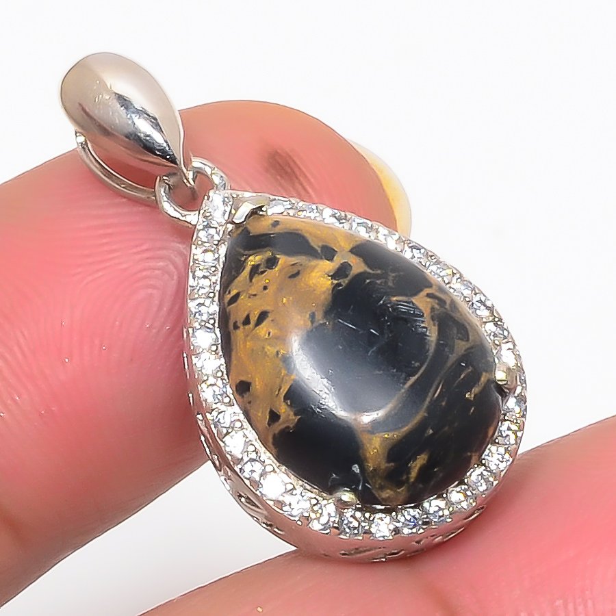 Copper Black Turquoise & Cz 925 Sterling Silver Pendant, Handmade Pendant, Pear Pendant, Black Pendant, Unique Silver Pendant, Fine Pendant, Silver Jewelry Pendant