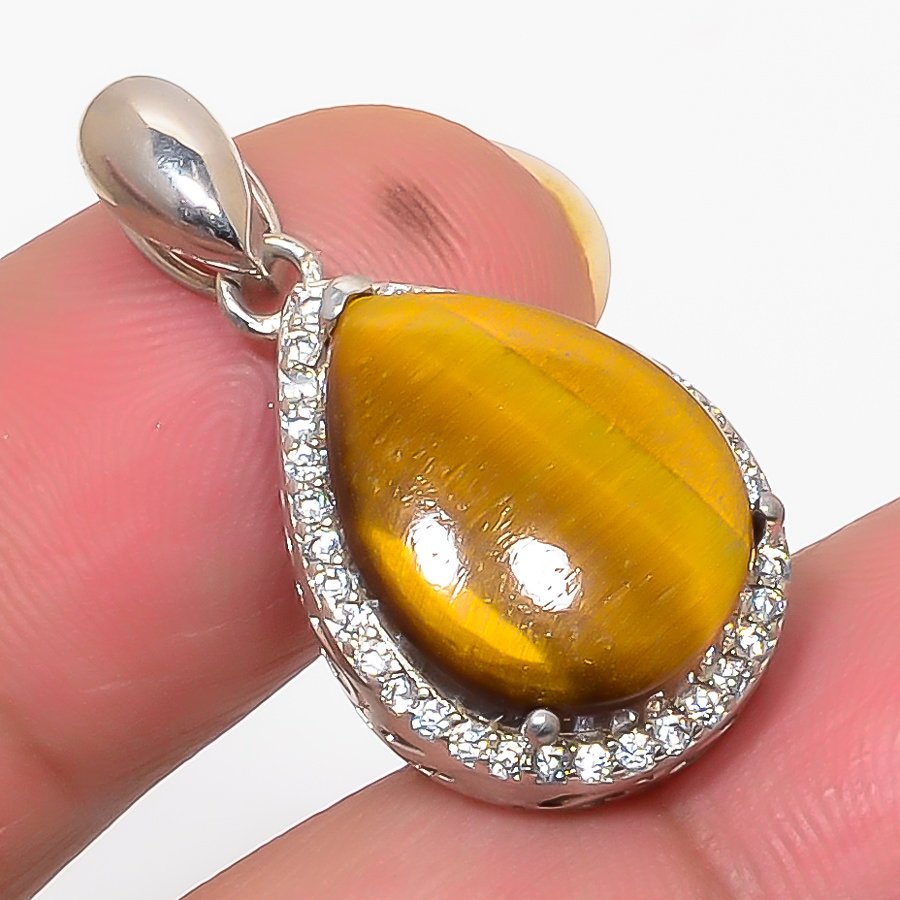 Thai Tiger Eye & Cz 925 Sterling Silver Pendant, Handmade Pendant, Pear Pendant, Yellow Pendant, Unique Silver Pendant, Fine Pendant, Silver Jewelry Pendant