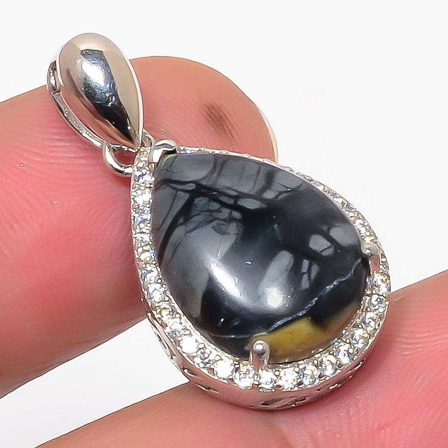 Picasso Jasper, Cz 925 Sterling Silver Pendant, Handmade Pendant, Pear Pendant, Black Pendant, Unique Silver Pendant, Fine Pendant, Silver Jewelry Pendant