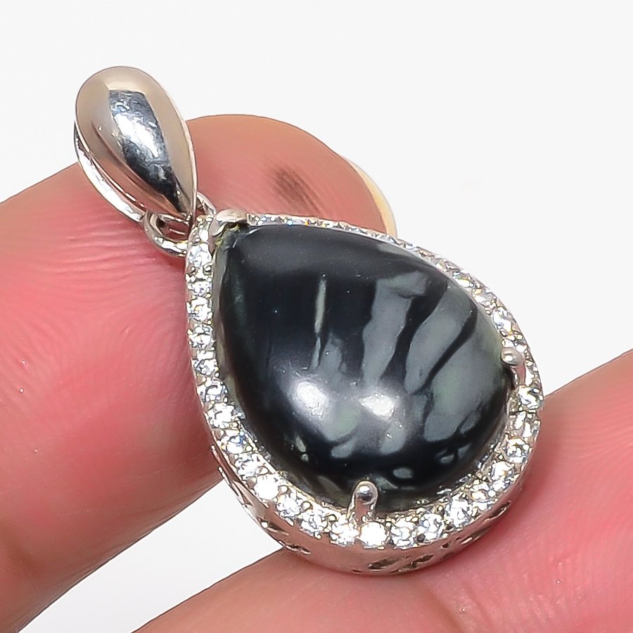 Picasso Jasper & Cz 925 Sterling Silver Pendant, Handmade Pendant, Pear Pendant, Black Pendant, Unique Silver Pendant, Fine Pendant, Silver Jewelry Pendant