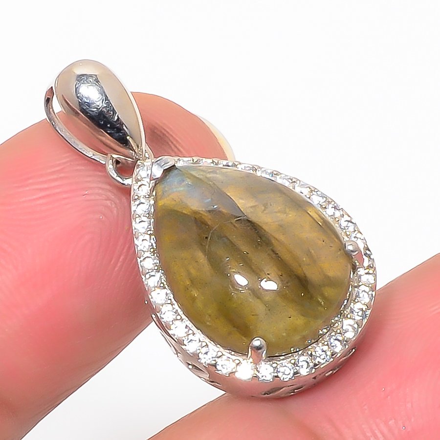Labradorite & Cz 925 Sterling Silver Pendant, Handmade Pendant, Pear Pendant, Black Pendant, Unique Silver Pendant, Fine Pendant, Silver Jewelry Pendant