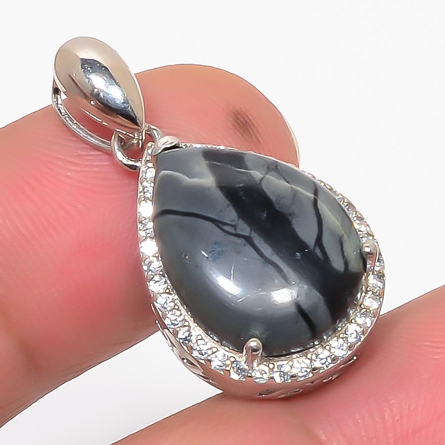Picasso Jasper & Cz 925 Sterling Silver Pendant, Handmade Pendant, Pear Pendant, Black Pendant, Unique Silver Pendant, Fine Pendant, Silver Jewelry Pendant