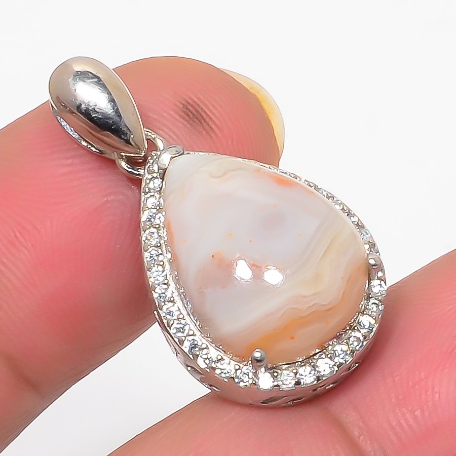 Botswana Lace Agate & Cz 925 Sterling Silver Pendant, Handmade Pendant, Pear Pendant, Yellow Pendant, Unique Silver Pendant, Fine Pendant, Silver Jewelry Pendant