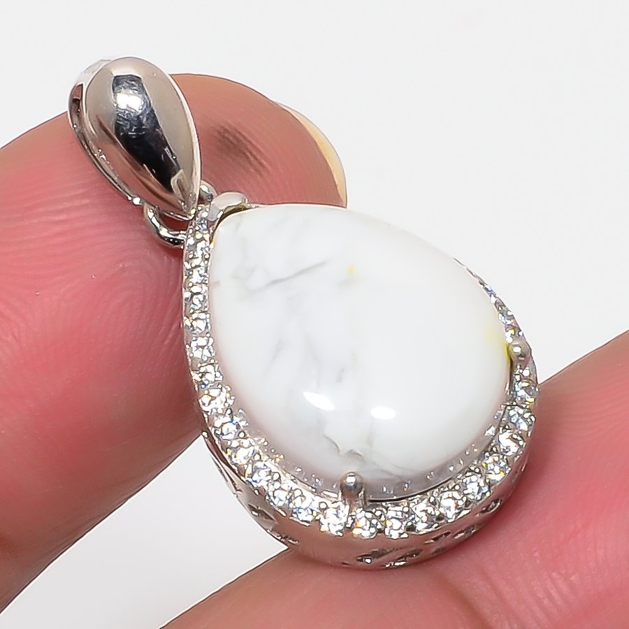Howlite & Cz 925 Sterling Silver Pendant, Handmade Pendant, Pear Pendant, White Pendant, Unique Silver Pendant, Fine Pendant, Silver Jewelry Pendant