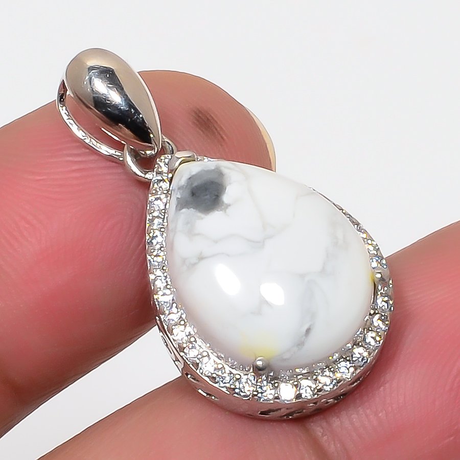 Howlite & Cz 925 Sterling Silver Pendant, Handmade Pendant, Pear Pendant, White Pendant, Unique Silver Pendant, Fine Pendant, Silver Jewelry Pendant