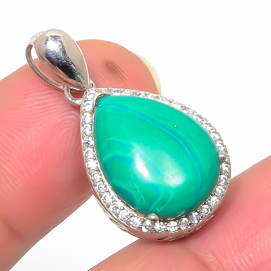 Malachite & Cz 925 Sterling Silver Pendant, Handmade Pendant, Pear Pendant, Green Pendant, Unique Silver Pendant, Fine Pendant, Silver Jewelry Pendant