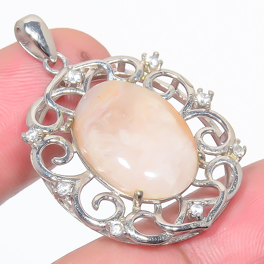 Plume Agate & Cz 925 Sterling Silver Pendant, Handmade Pendant, Oval Pendant, Yellow Pendant, Unique Silver Pendant, Fine Pendant, Silver Jewelry Pendant