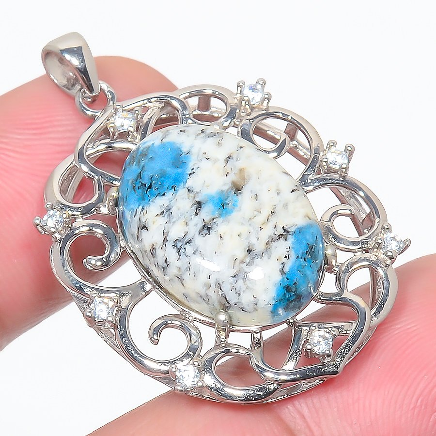 K2 Blue Azurite & Cz 925 Sterling Silver Pendant, Handmade Pendant, Oval Pendant, Blue Pendant, Unique Silver Pendant, Fine Pendant, Silver Jewelry Pendant