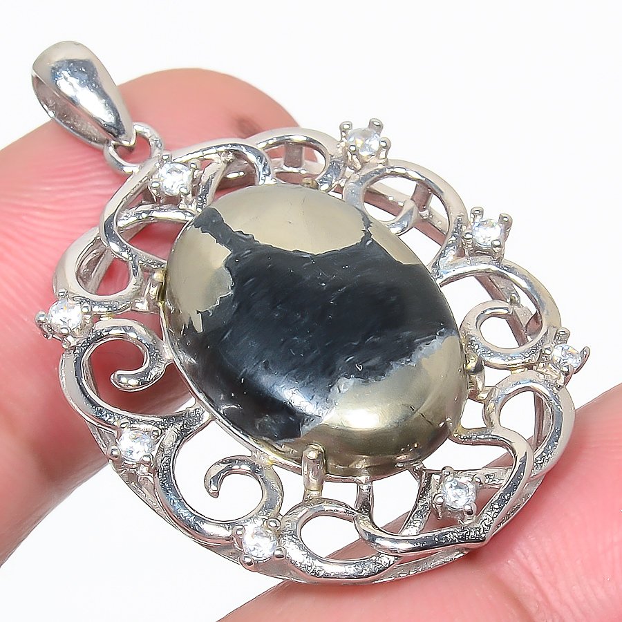 Magnesite Pyrite & Cz 925 Sterling Silver Pendant, Handmade Pendant, Oval Pendant, Gold & Black Pendant, Unique Silver Pendant, Fine Pendant, Silver Jewelry Pendant