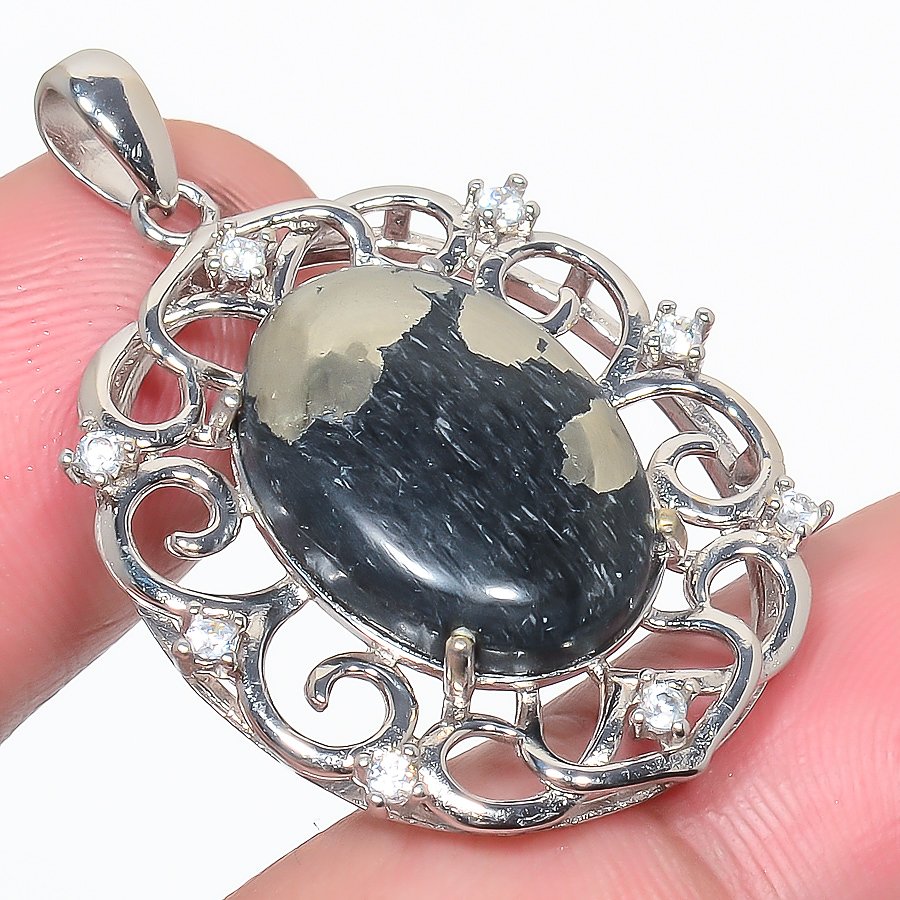 Magnesite Pyrite & Cz 925 Sterling Silver Pendant, Handmade Pendant, Oval Pendant, Gold & Black Pendant, Unique Silver Pendant, Fine Pendant, Silver Jewelry Pendant